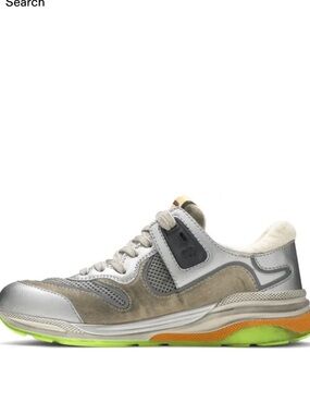 Gucci Sneakers Silver Metallic Ultrapace Sneaker with Green and Orange Size 37.5